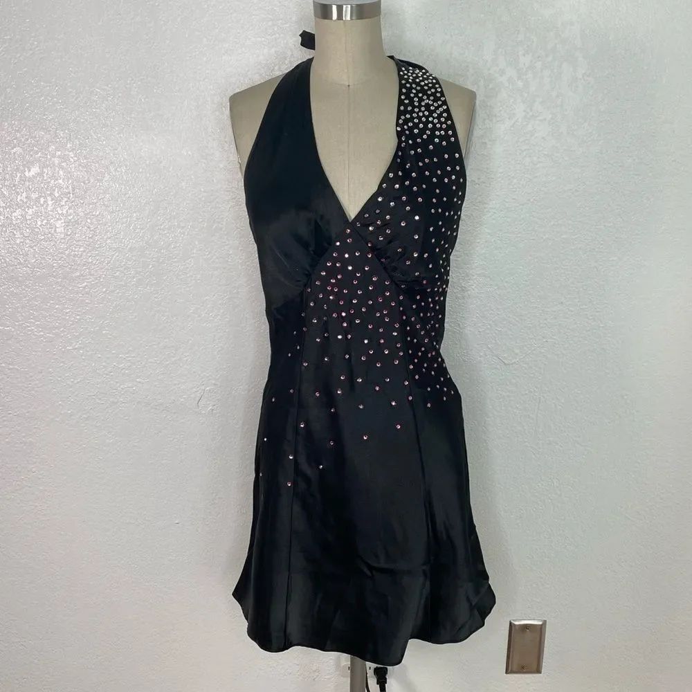 Vintage Fredericks of Hollywood Y2K 90s black satin embellished slip mini dress